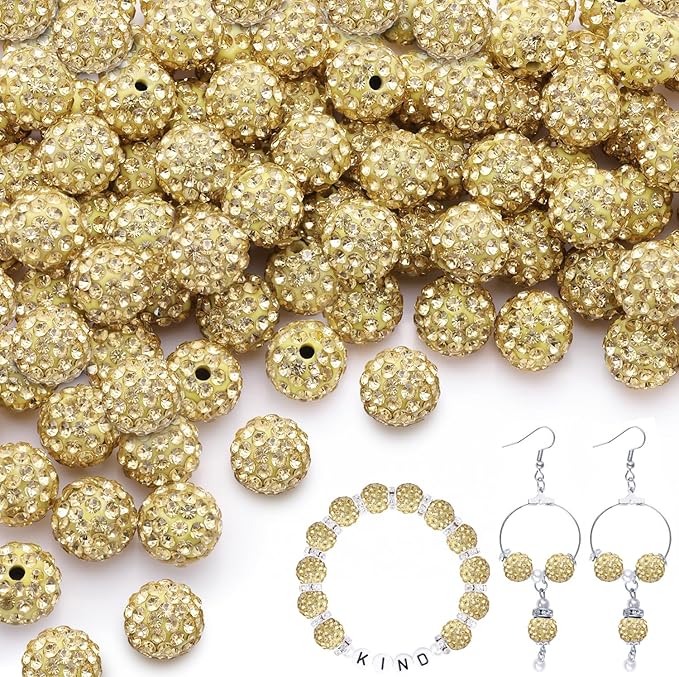 100pcs 10mm Rhinestone Beads for Jewelry Making, Light Yellow Shiny Round Shamballa Disco Beads Bulk, Sparkle Crystal Clay Christmas for Bracelet Baseball Necklace Earring Crafting and DIY
