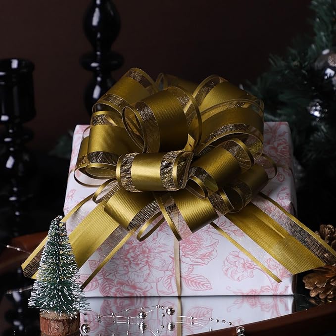 6Pcs 6inch Pull Bow Gift Wrapping,Pull Bow For Gift Basket, Gift Bag Box Wrapping Decor, Valentines Day, Birthday, Anniversary, Wedding, Flower Packaging (Golden)