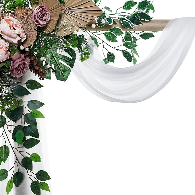 VDS Pack of 1 Panel (30 Inch X 40 Feet) Wedding Arch Draping Fabric Sheer Chiffon Fabric Drapery for Wedding Ceremony Reception Swag Backdrop Canopy Chuppah ARBO Altars Decoration (White)