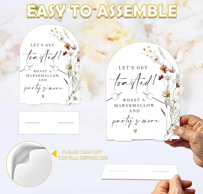 Boho Floral S'mores Bar Sign, 6 x 8 Inch White Arch Acrylic Wedding Sign with Holder, Wedding Sign for Ceremony and Reception, Wedding Decoration, Wedding Supplies - BX20