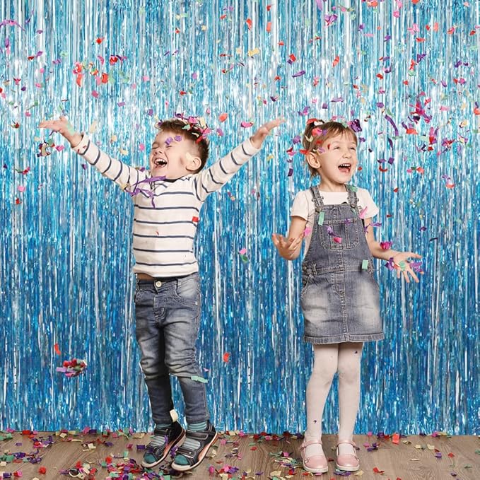 GOER 3.2 ft x 8.2 ft Metallic Tinsel Foil Fringe Curtains Party Photo Backdrop Party Streamers for Birthday,Graduation,New Year Eve Decorations Wedding Decor (Light Blue,3 pcs)