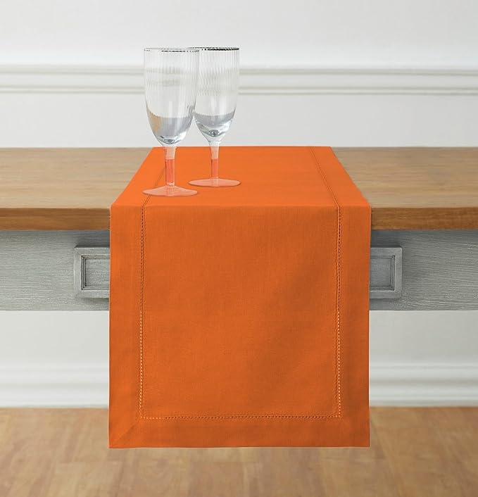 Solino Home Cotton Linen Table Runner 36 Inches - Pumpkin Hemstitch Table Runner 14 x 36 Inch Ideal for Dresser and Coffee Tables - Fall, Autumn, Halloween, Thanksgiving, Holiday