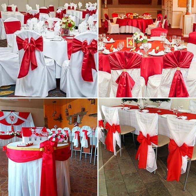 100 PCS Satin Chair Sashes Decorative Bows Satin Chair Sashes Ties Back Ribbon Bows Chairs Cover Band for Wedding Party Events Ceremony Reception Banquet Christmas Chair Cover Decor(7 x 108 inch,Red)