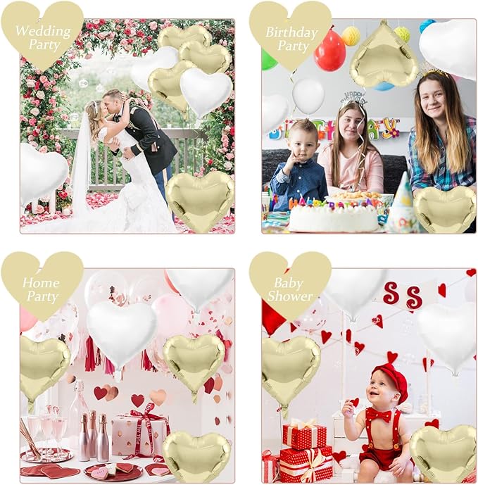 Biapian Pastel Gold Heart Balloons - 10 Pcs, 18 Inch, White Foil, Helium for Valentine's Day, Birthday, Wedding, Baby Shower Decoration