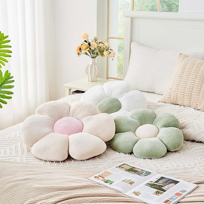 Sage Green Flower Pillow, 17.7" Cute Flower Shaped Floor Pillow, Aesthetic Floral Plush Daisy Decorative Throw Pillows for Bed Sofa Couch