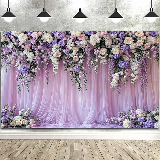 15x10ft Purple Lavender Floral Bridal Backdrop Wedding Flower Photography Backdrop for Girl Portrait Baby Shower Birthday Party Decor Banner Mother's Day Party Wall Backdrop Studio Photo Backgrounds