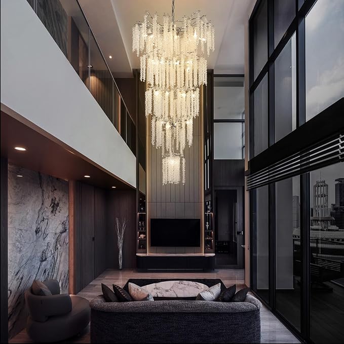 YUYI 118'' Modern Crystal Chandelier, Silver Chandelier for Entryway, Large Tree Branch Chandeliers for High Ceilings, Staircase, Foyer, Living Room, 28-Light 5-Tier Hanging Light Fixture