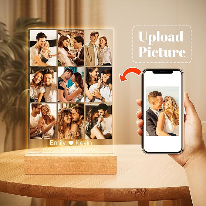 Personalized Picture Frame with Photos, Custom Picture Frames, Personalized Photo Frame with Night Light, Personalized Anniversary Birthday Gifts for Women Men Girlfriend Boyfriend Couples Her Him