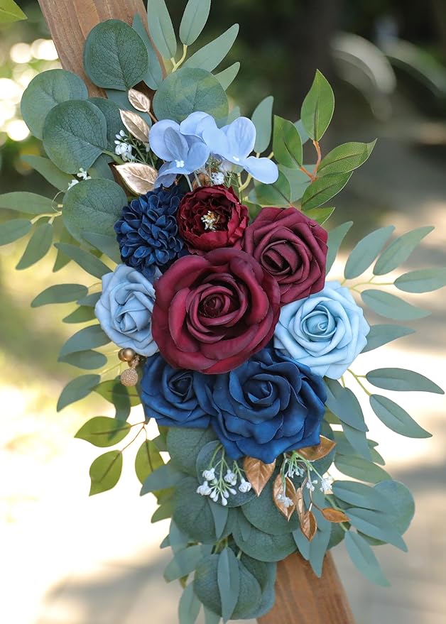 Artificial Navy Blue and Burgundy Wedding Arch Flower Swags Set of 2 for Welcome Signs, Reception and Ceremony Decorations - Navy Blue Floral Decor