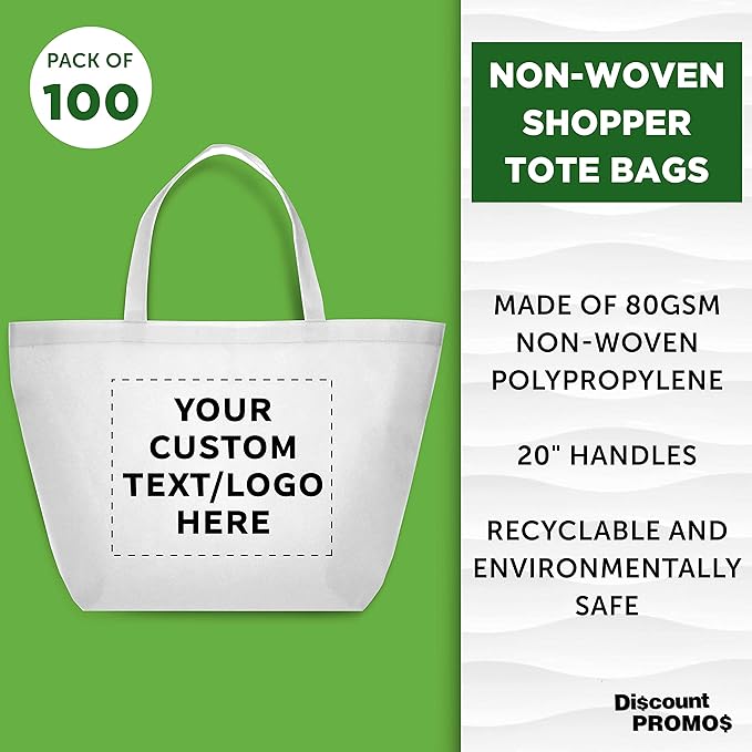 DISCOUNT PROMOS Custom Southern Style Grocery Tote Bags Set of 100 - Personalized Bulk Pack, Reusable Grocery & Shopping Bags - Great for Travel, Carry on Bag, Business Promotions - White - 20"X13"X8"