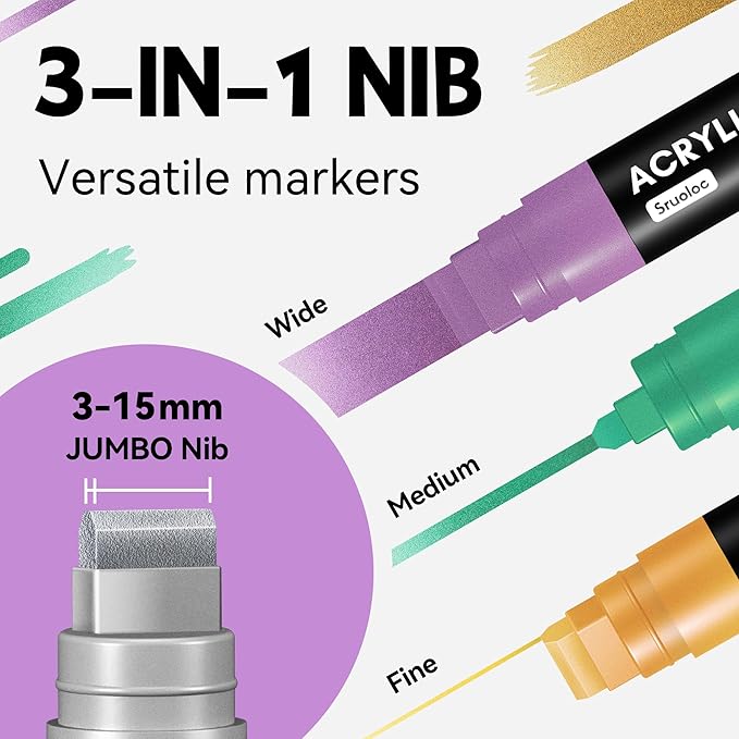 12 Metallic Colors Jumbo Markers, 15mm Jumbo Felt Tip, Acrylic Paint Markers for Rock Painting, Poster, Stone, Ceramic, Glass, Wood, Canvas