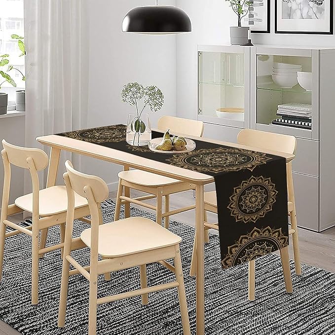 Golden Mandala Table Runner, Traditional Indian Gold Black Flower Vintage Luxury Bohemian Mandala Table Runner for Home Kitchen Dinning Table Indoor Outdoor Holiday, 13x120inch