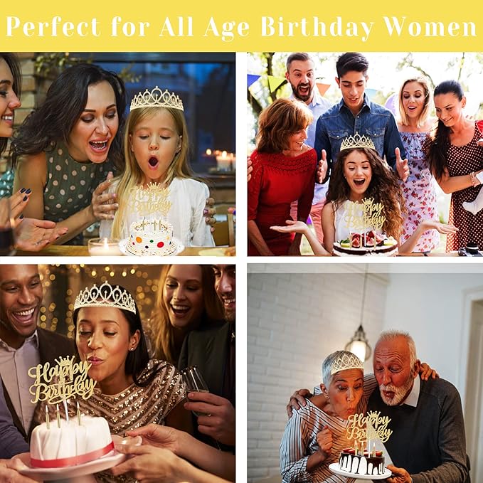 Birthday Decorations for Women/Girls, Including Queen Sash and Crown, Cake Topper, Candles. Birthday Sash and Tiara for Women, Golden Party Decorations Favors