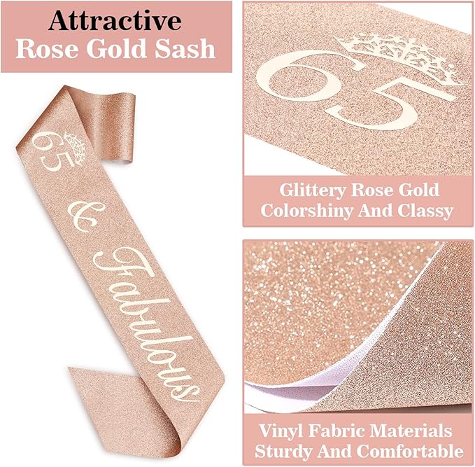 65th Birthday Decorations for Women, Including Sash, Crown/Tiara, Candles, Cake Topper, 65th Birthday Gifts for Women