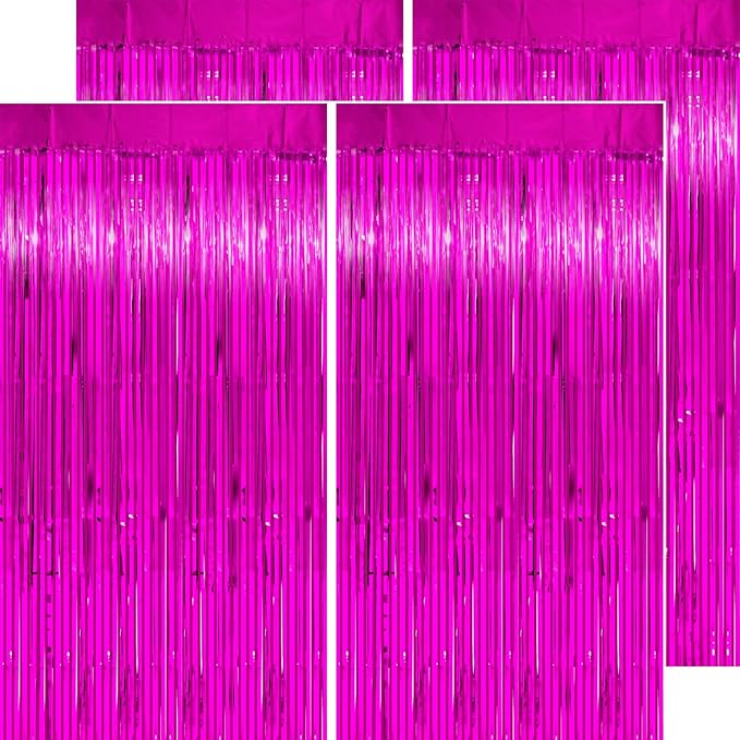 Hot Pink Streamers - Thicken 4 Pack 3.2x8.2 FT - Hot Pink Tinsel Foil Fringe Backdrop Curtains for Birthday, Bachelorette, Graduation, Summer Hawaiian Party Decorations