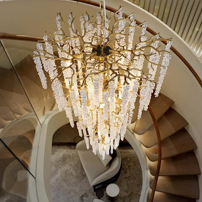 YUYI Upgraded 118'' Long Crystal Chandelier for High Ceiling, 28-Light Modern Gold Tree Branch Chandelier, Large Chandeliers for Foyer, Entryway, Staircase, 5-Tier Luxury K9 Raindrop Light Fixtures