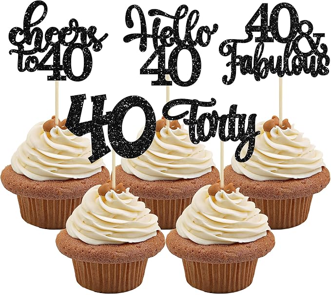 30pcs Happy 40th Birthday Cupcake Toppers - Black Glitter Forty Cheers to 40 Years Old Cupcake Picks for Anniversary Party Cake Decorations