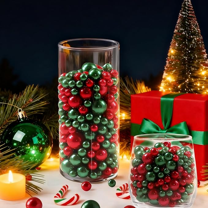 260Pcs Red&Green Glossy Beads for Centerpiece Decor, Artifical Pearls Vase Filler, No Hole Round Pearl Beads for Wedding Birthday Christmas Party Home Decor(18mm 14mm 6mm)