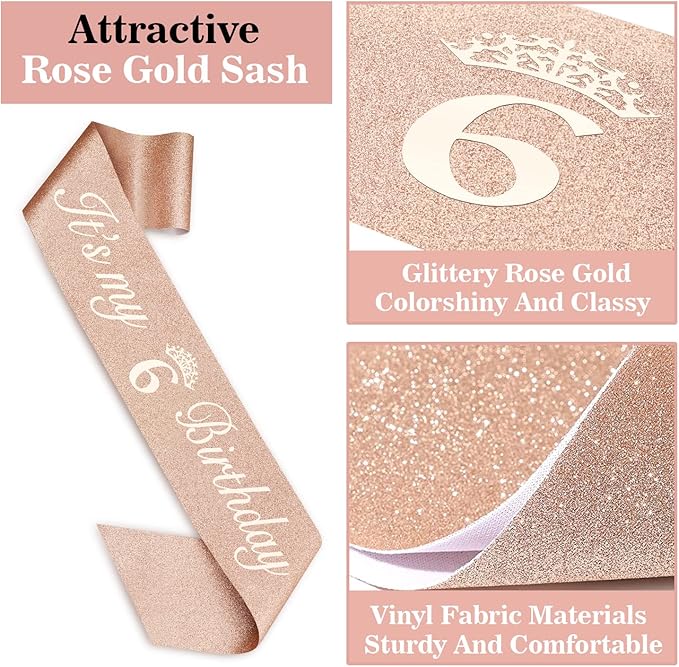 6th Birthday Decorations for Girl Including Sash, Crown, Numeral Candle and Cake Topper, 6 Year Old Birthday Decorations Rose Gold Party Favor Supplies