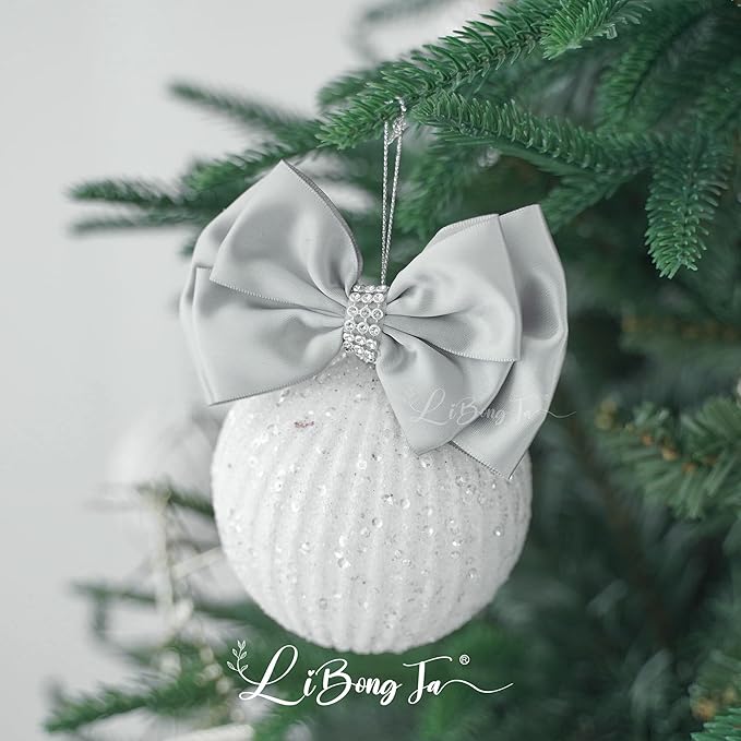 Silver Satin Bows 4'' Premade Ribbon Bow, Silver Gift Bows with Rhinestone, Wrapping Bows for Presents, Greeting Cards, Treat Bags, Wine Bottles, Valentines Bows for Gift Wrapping-12 Counts
