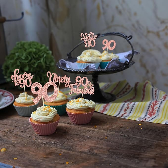 Gyufise 30pcs Happy 90th Birthday Cupcake Toppers - Rose Gold Glitter Ninety Cheers to 90 Years Old Cupcake Picks for Anniversary Party Cake Decorations