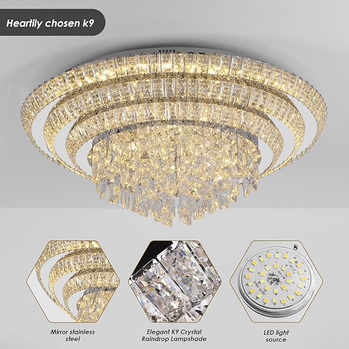 30 inch Crystal Silver Ceiling-Light Flush Mount with Remote Control and APP, 3CCT Dimmable & Brightness Adjustable, Modern Crystal Raindrop Chandeliers for Bedroom Hallway Dinning Room Living Room