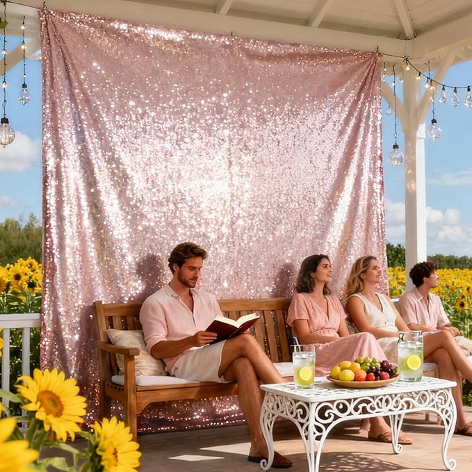 VOK Rose Gold Sequin Backdrop Curtains 4 Panels 2FTx8FT Glitter Photography Background for Wedding Birthday Christmas Party Decorations