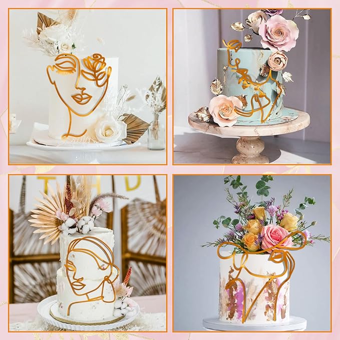 12 Pcs Acrylic Lady Face Cake Topper Minimalist Art Happy Birthday Cake Toppers Women Wedding Cake Decoration for Wedding Birthday Party (Gold)