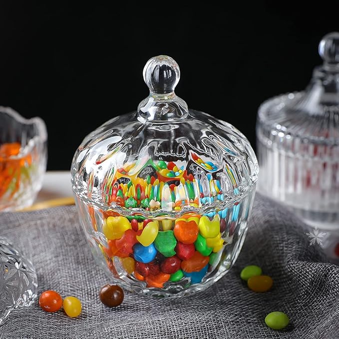 INFTYLE Glass Candy Dish with Lid Set of 4 Crystal Glass Candy Jar Jewelry Box Dappen Dish Cookie Jar for decorative storage gift idea (4pcs Clear)…