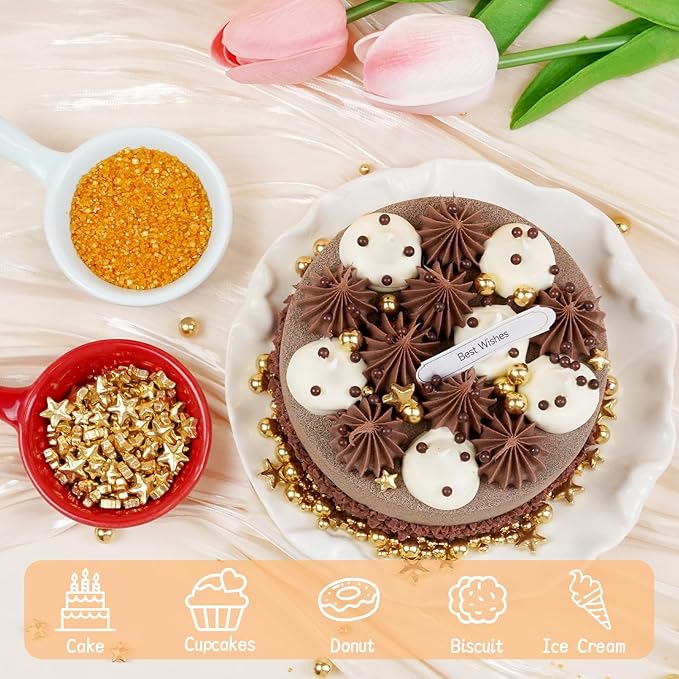 Edible Gold Pearl Sprinkles for Cake Decorating, Gold Sugar Sanding and Star Sprinkles for Cupcake, Cookie, Baking Cake Decorations, 160g/5.64oz, Holiday, Wedding Party, Christmas Supplies