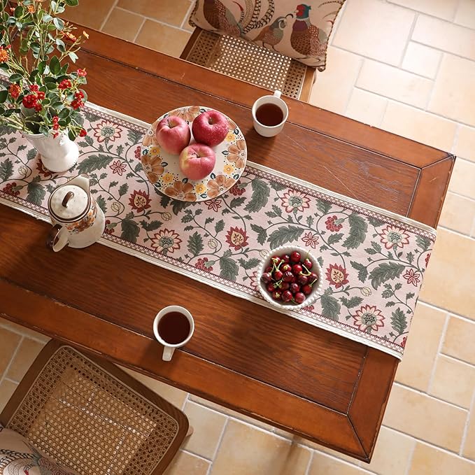 ISAENNE Designer Provence Elegant Linen Table Runner 87 Inches Long,Flower and Leaves Pattern Durable Table Runners for Dining Tables,Thanksgiving,Kitchen Tables,Christmas,12"*87"-Ratina