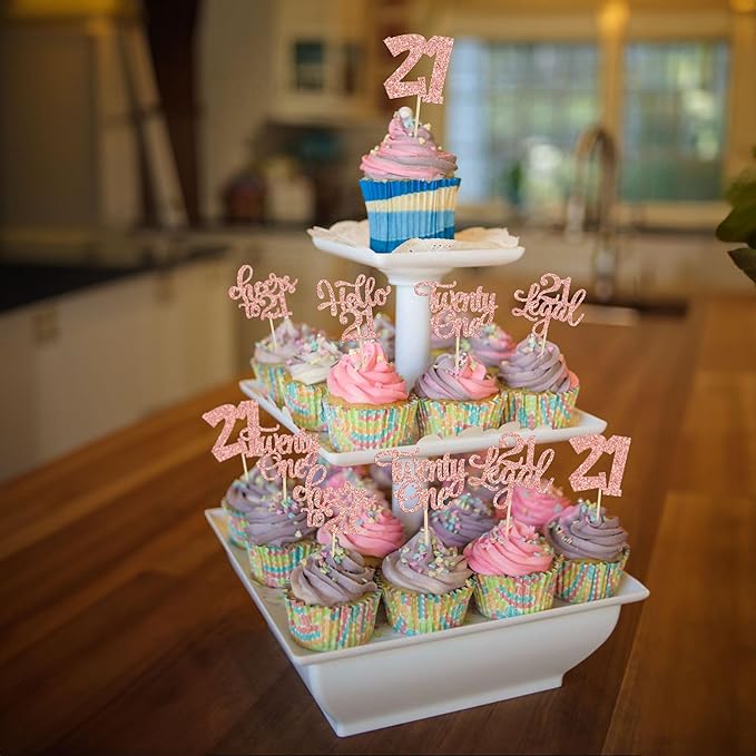 30pcs 21st Birthday Cupcake Toppers - Legal 21st Cupcake Picks - Cheers to 21 Years Old Cake Decorations - Rose Gold Glitter