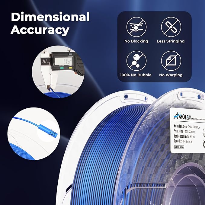 AMOLEN Silk PLA 3D Printer Filament, Dual Color Black Blue PLA 1.75mm, Shiny Color Change Filament 3D Printing PLA Filament for Most FDM 3D Printer, 1kg Spool(2.2lbs)