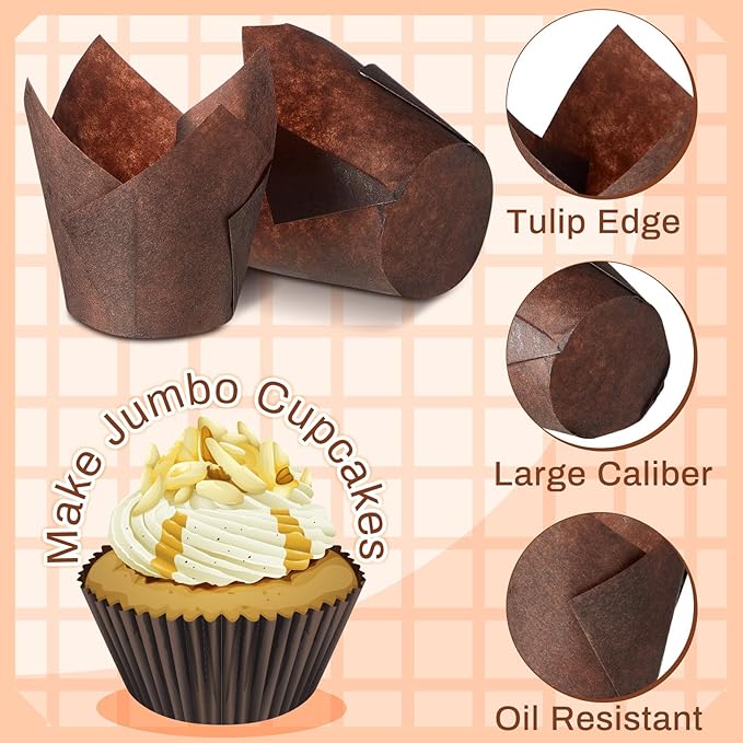 600 Pcs Jumbo Muffin Liners for Baking 2-1/4" x 4" Large Tulip Cupcake Liners Greaseproof Cupcake Wrapper Paper for Weddings Birthday Christmas Anniversaries Party (Brown)
