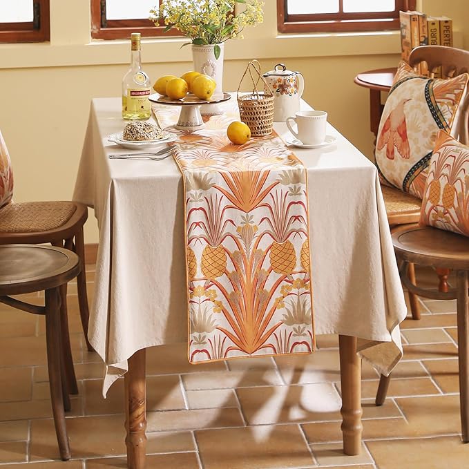 patdrea Designer Tropical Linen Table Runner 87 Inch Long, Yellow Vintage Elegant with Pineapple Pattern Table Mat,Decoration for Kitchen Dining Coffee Table Cover Banquet Christmas , 12"*87"