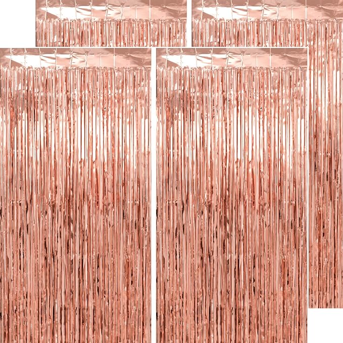 Rose Gold Birthday Decorations for Women Girls - Thicken 4 Pack 3.2 x 8.2 FT - Rose Gold Foil Fringe Curtain Backdrop for Birthday, Bridal Shower, Baby Shower, Bachelorette Party Decorations