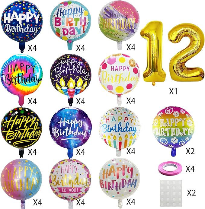 50 Pcs Happy Birthday Party Aluminum Foil Balloons and 12th Birthday Balloons, 18 Inch Round Aluminum Foil Balloon with" Happy Birthday" Sign, Birthday Party Decorations for Boys/Girls (Yellow, 12)