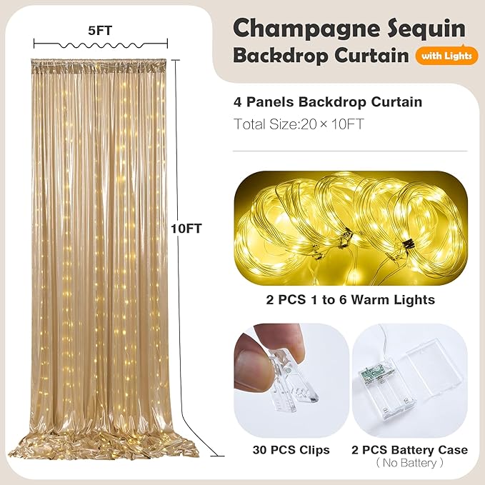 20x10 Champagne Sequin Backdrop Curtain with Lights-Wrinkle Free Thick Glitter Backdrop Drapes for Wedding Parties Events Halloween Decor-4 Panels 5×10ft Shimmer Photo Booth Background for Photography