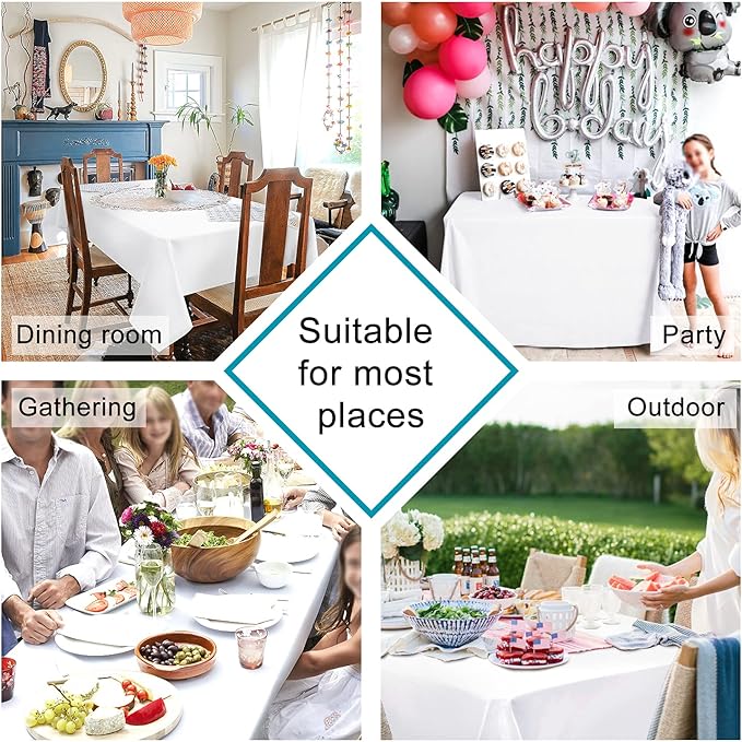 Hiasan White Tablecloth for Rectangle Tables - 70 x 140 inch - Waterproof, Spillproof & Wrinkle Resistant Washable Polyester Table Cloth for Dining/Party/Outdoor Picnic
