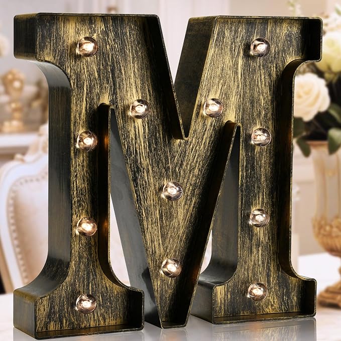 OYCBUZO Golden Black Led Marquee Letter - Industrial, Vintage Style Light Up Alphabet Letter Sign for Cafe Wedding Birthday Party Christmas Lamp Home Bar Initials Decor - M