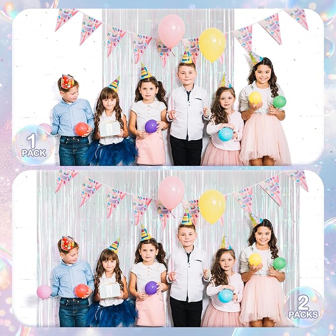 4 Pack White Party Streamers Backdrop Curtains, 3.3x8.2ft Holographic Tinsel Foil Curtain Photo Booth Props for Birthday, Wedding, Holiday Celebration, Bachelorette, Theme Decorations