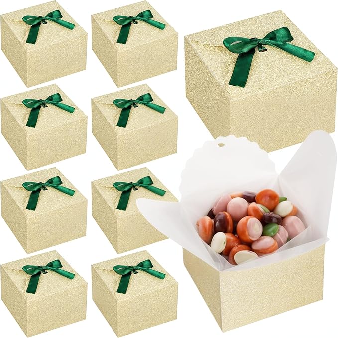 VGOODALL Gold Treat Boxes, Glitter Candy Box with Ribbon Paper Treat Boxes for Wedding Cookie Chocolates Small Gifts