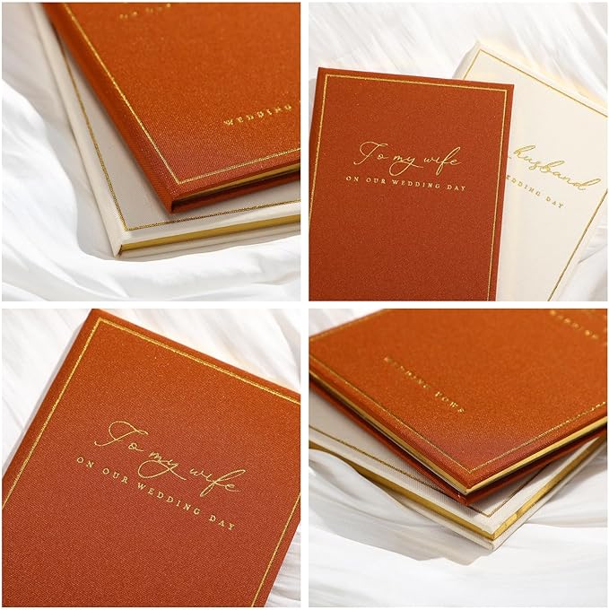 2 Pcs Wedding Vow Books His and Her to Husband Wife Wedding Must Have Registry Ideas Gold Foil Lined Page Premium Engagement Gift for Guest Groom Newly Engaged Couple(Brown-Beige)