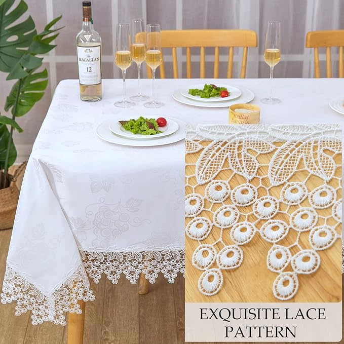 White lace Premium Rectangle Farmhouse Tablecloth Waterproof OilProof SpillProof AntiShrink Soft Wrinkle Resistant Decorative Fabric Table Cover Kitchen Dinning Party Wedding Banquet