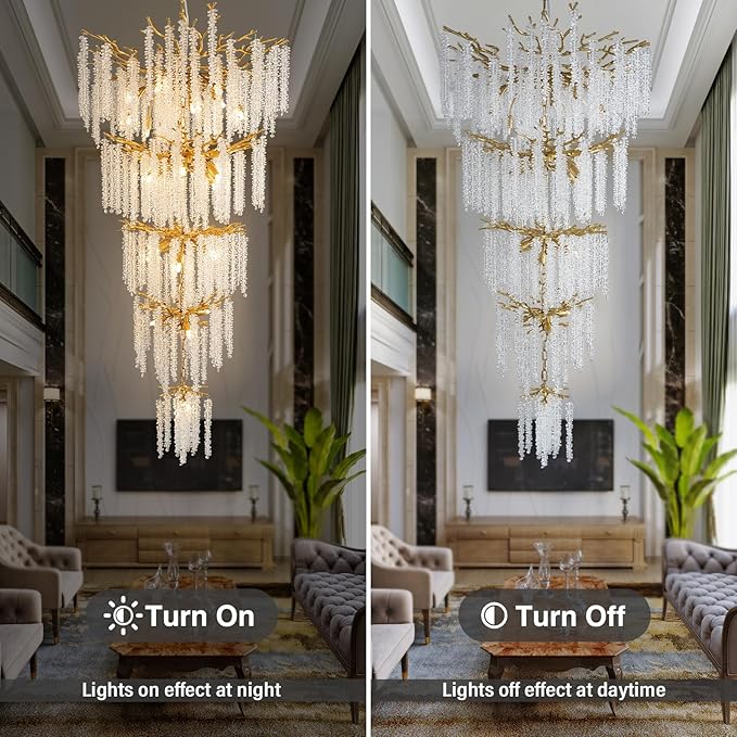 YUYI Upgraded 118'' Long Crystal Chandelier for High Ceiling, 28-Light Modern Gold Tree Branch Chandelier, Large Chandeliers for Foyer, Entryway, Staircase, 5-Tier Luxury K9 Raindrop Light Fixtures