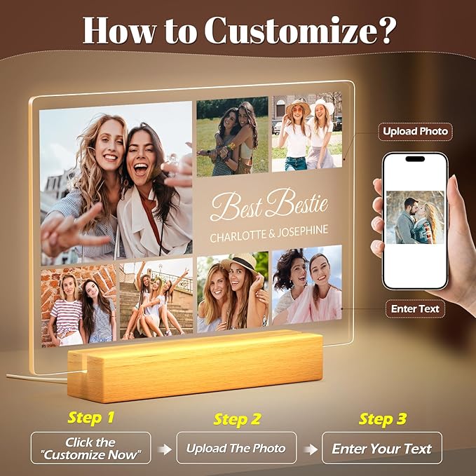 Personalized Picture Frames with Photo, Custom Photo Frame with Night Light, Customized Photo Gifts, Personalized Birthday Gifts for Women, Her, Bestie, Best Friends