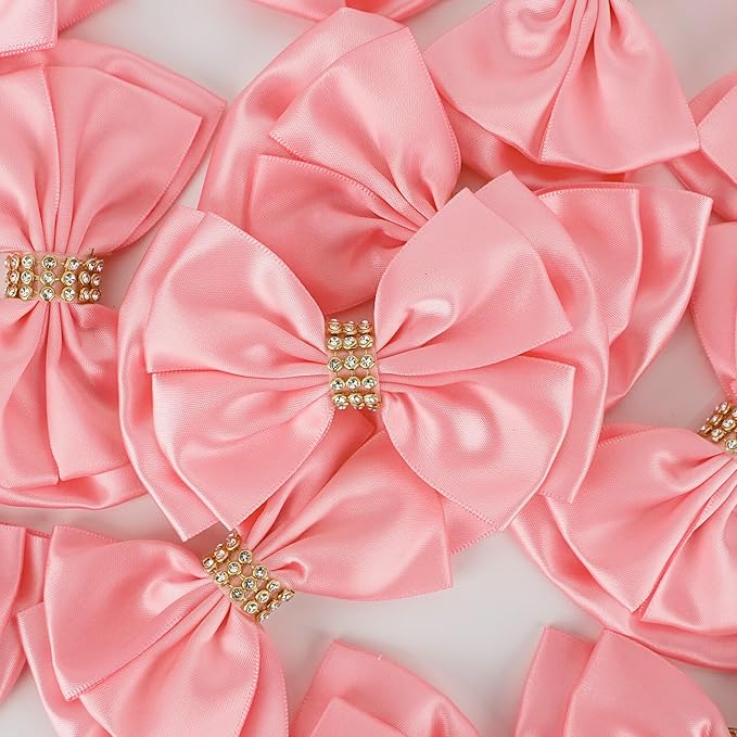 Pink Ribbon Bow 4'' Premade Pink Satin Bow, Gift Bows with Rhinestone, Wrapping Bows for Presents, Greeting Cards, Treat Bags, Wine Bottles, Pink Valentines Bows for Gift Wrapping-12 Counts