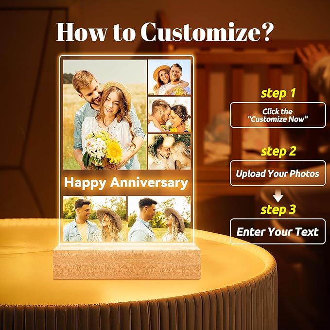 Custom Picture Frames with Photos, Personalized Photo Frame with Night Light, Customized Gifts for Couples, Personalized Anniversary Birthday Gifts for Women Men Her Him Boyfriend Girlfriend