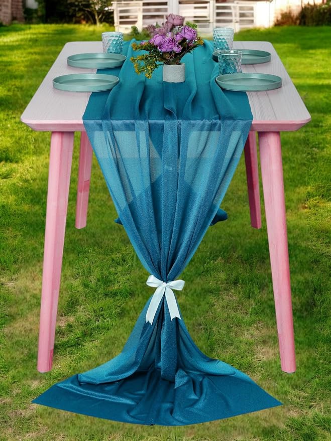MDS 2 Pack 14ft Chiffon Table Runner 29 x 170 Inches Sheer Wedding Runner Romantic Rustic Table Runner for Wedding Decorations, Birthday Parties, Bridal Shower Party Arch Decor - Dark Teal