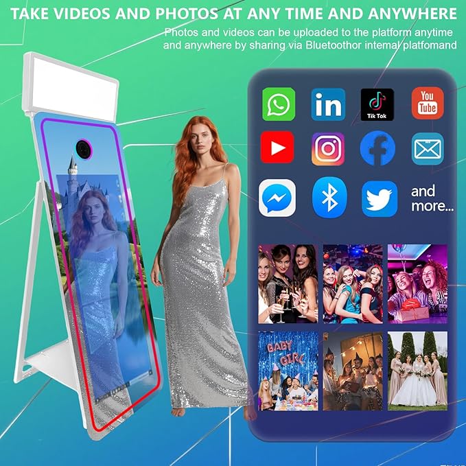 65''Magic Mirror Photo Booth Machine,Mirror Photo Booth 43''Touch Screen,Photo Booth with Flight Case,App Control,RGB Light for Wedding Party Events (White, Machine+Mini Printer)